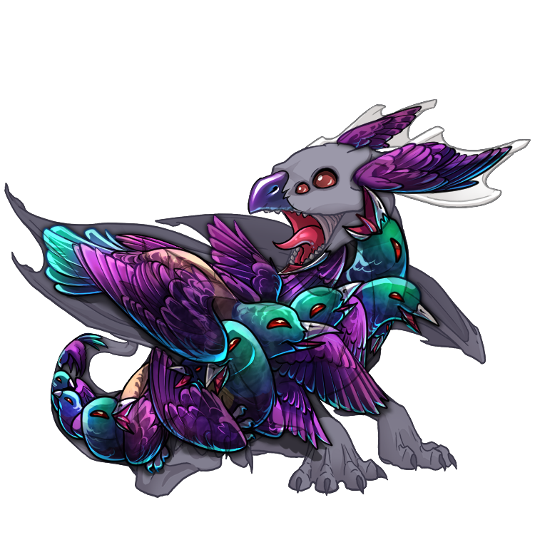 A skin for Mirror Hatchling depicting a flock of mischievous-looking grackles with purple, green, and brown iridescence.