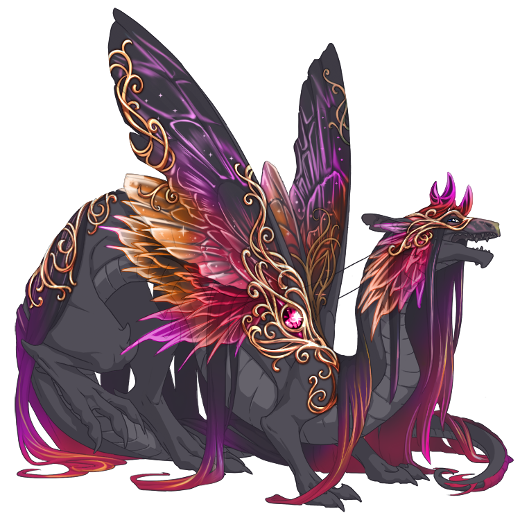 An accent for Veilspun M that has adds orange and pink iridescent, multicolored, spiky insectoid wings below the existing pair and on the head. There is gold filigree on the forehead, back, and forming an eye shape on the shoulder with a red gemstone.