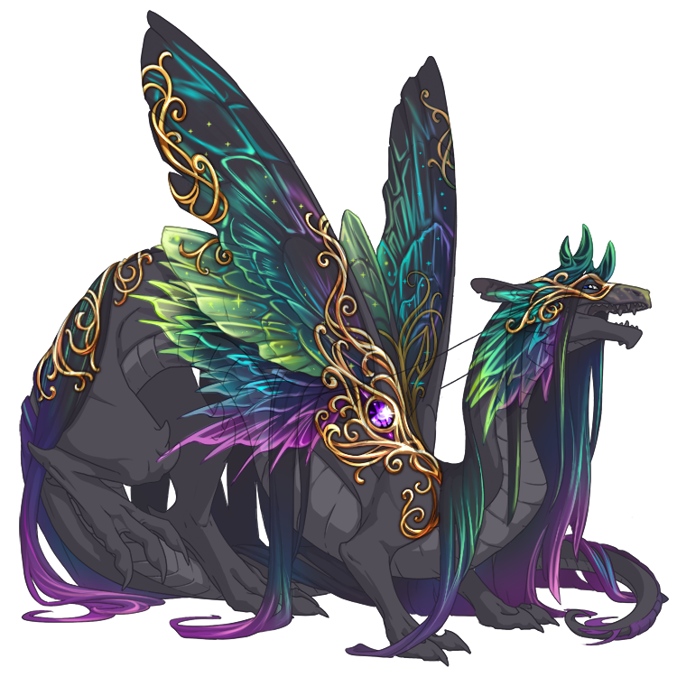 An accent for Veilspun M that has adds green and purple iridescent, multicolored, spiky insectoid wings below the existing pair and on the head. There is gold filigree on the forehead, back, and forming an eye shape on the shoulder with a purple gemstone.